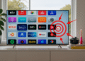 Smart-TV-Firmware aktualisieren: Startbildschirm mit Apps und Pfeilen, die auf das Einstellungsmenü zeigen, um das neueste Systemupdate herunterzuladen und zu installieren.