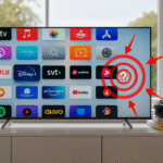 Actualizar firmware Smart TV: pantalla de inicio con apps y flechas marcando el menú de ajustes para descargar e instalar la última actualización del sistema.