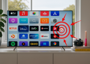 Werk de Smart TV-firmware nu bij: binnen 5 minuten weer tot leven ⚡📺 17 Smart TV-firmware bijwerken: startscherm met apps en pijlen die naar het instellingenmenu wijzen om de nieuwste systeemupdate te downloaden en installeren.