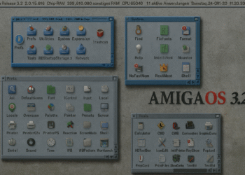 AmigaOS 3.2.3 Workbench ekran görüntüsü, Sistem, Tercihler ve Araçlar pencereleri; Commodore Amiga'nızı canlandıracak 50'den fazla düzeltmeyle güncelleme.