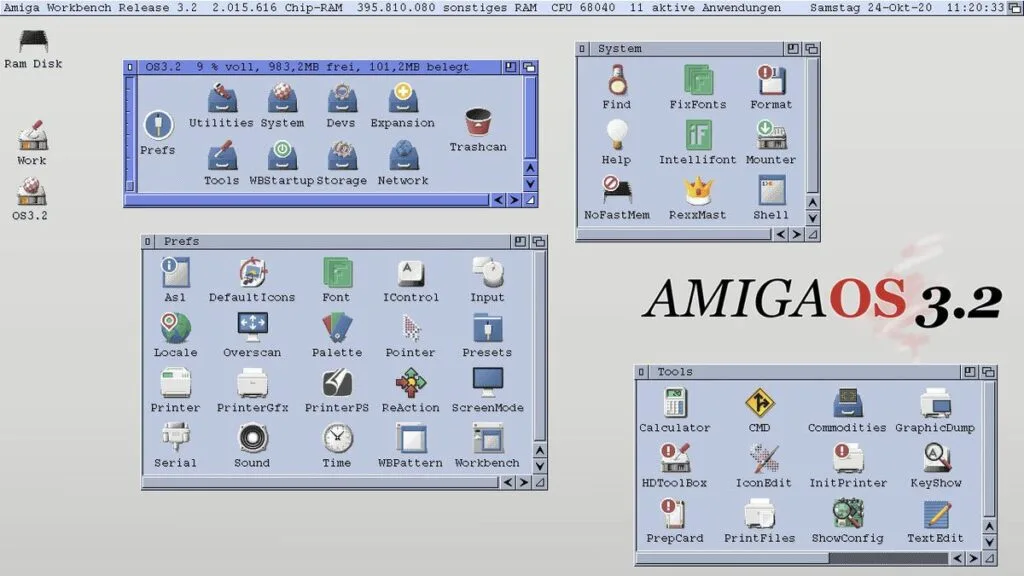 AmigaOS 3.2.3: ROM nuevo y mejoras instantáneas ⚡ 5 Captura de AmigaOS 3.2: escritorio Workbench con ventanas de System, Prefs y Tools; actualización ROM 3.2.3 nueva con mejoras instantáneas para Amiga clásico.
