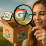 Ukryte aplikacje Google – osoba z lupą odkrywająca ukryte aplikacje Google; ikony aplikacji wyskakujące z pudełka z logo, koncepcją funkcji i sztuczek.