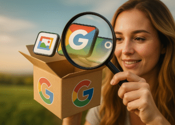 Versteckte Google Apps – Person mit einer Lupe entdeckt versteckte Google Apps; App-Symbole springen aus einer Box mit dem Logo, dem Konzept der Funktionen und Tricks.