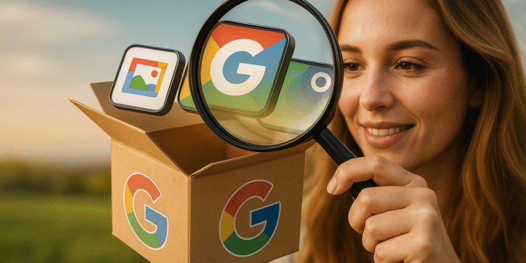 Versteckte Google Apps: Galerie, Go und PhotoScan 🚀 8 Versteckte Google Apps – Person mit einer Lupe entdeckt versteckte Google Apps; App-Symbole springen aus einer Box mit dem Logo, dem Konzept der Funktionen und Tricks.