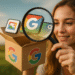 Скрытые приложения Google: Галерея, Go и PhotoScan 🚀 22 Скрытые приложения Google — человек с увеличительным стеклом обнаруживает скрытые приложения Google; значки приложений выскакивают из коробки с логотипом, концепцией функций и трюков.