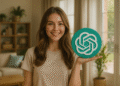 ChatGPT sobre tarefas domésticas: Mulher em uma sala de estar segurando o logotipo da AI, guia com 9 dicas para economizar 1 hora por dia na limpeza e organização da sua casa.