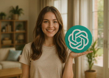 ChatGPT sobre tarefas domésticas: Mulher em uma sala de estar segurando o logotipo da AI, guia com 9 dicas para economizar 1 hora por dia na limpeza e organização da sua casa.