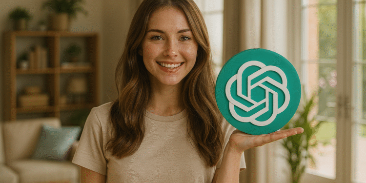 ChatGPT sobre tarefas domésticas: Mulher em uma sala de estar segurando o logotipo da AI, guia com 9 dicas para economizar 1 hora por dia na limpeza e organização da sua casa.