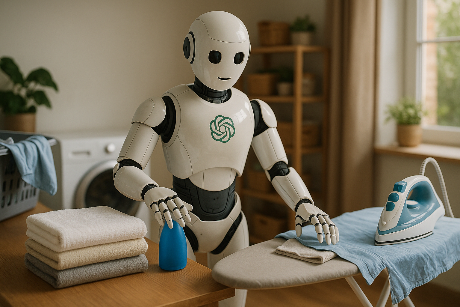 ChatGPT per le faccende domestiche: risolvi email e viaggi in 1 clic 3 ChatGPT nelle faccende domestiche: un robot umanoide con il logo ChatGPT stira una camicia blu nella lavanderia di casa, un esempio di come l'intelligenza artificiale aiuta nelle faccende domestiche e nell'organizzazione dei vestiti.