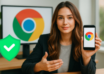 Chrome auf Android und Sicherheit: Ein Nutzer zeigt ein Mobiltelefon mit dem Google Chrome-Logo und einem grünen Schild, ein Symbol für sicheres Surfen und Datenschutz auf Android.