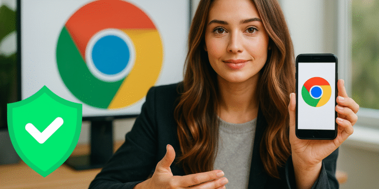 Chrome en Android y seguridad: Activa 1min y evita el robo. 4 Chrome en Android y seguridad: usuaria mostrando un móvil con el logo de Google Chrome y un escudo verde, concepto de navegación segura y privacidad en Android.