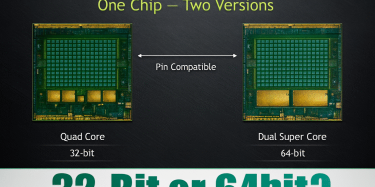 Como verificar se seu Android é de 32 ou 64 bits: Comparação do processador Tegra K1: Quad Core de 32 bits vs Dual Super Core de 64 bits.