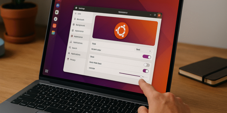 Configurações do Ubuntu que melhoram sua experiência - O usuário ajusta as configurações do Ubuntu em um laptop: aparência, modo escuro e dock, para melhorar a experiência do usuário.