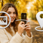Datos EXIF - Mujer usando su móvil para revelar la ubicación GPS de una foto con datos EXIF; iconos de imagen y pin de mapa muestran cómo descubrir la ubicación en 1 clic.