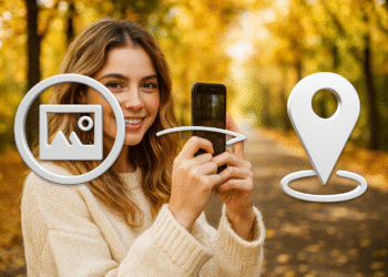 EXIF 数据 - 一名女子使用手机通过 EXIF 数据显示照片的 GPS 位置；图像图标和地图图钉显示如何一键找到位置。