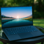 Laptop para estudiantes 2025: portátil ligero y delgado con pantalla casi sin bordes sobre mesa exterior, ideal para clases y tareas.