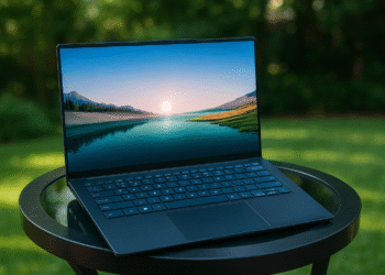 Laptops para estudantes 2025: 7 modelos testados hoje ⚡️ 14 Laptop para estudantes 2025: laptop leve e fino com tela quase sem bordas em uma mesa externa, ideal para aulas e trabalhos de casa.