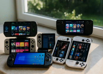 Laptops and wireless charging: Several handheld gaming consoles with screens on a ledge by a window.