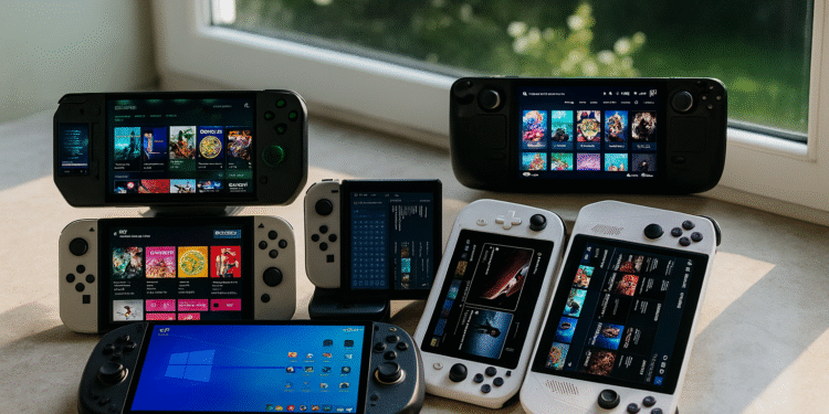 Notebooks e carregamento sem fio: vários PCs portáteis para jogos com as telas ligadas em uma prateleira ao lado de uma janela.