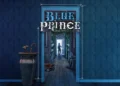 Análise do Blue Prince - Arte promocional do Blue Prince: Porta azul aberta para o corredor de uma mansão, explorador ao fundo; Análise do jogo: Projete a 46ª sala e ganhe a mansão.