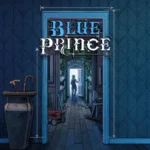 Reseña de Blue Prince - Arte promocional de Blue Prince: puerta azul abierta a un pasillo de la mansión, explorador al fondo; reseña del juego Diseña la 46ª sala y gana la mansión.
