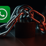 WhatsApp y seguridad: icono de WhatsApp con candado y cadena, simboliza cifrado y privacidad de mensajes en la app de mensajería.