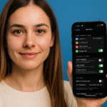 iPhone Actualizaciones automáticas - Persona sostiene un iPhone mostrando la pantalla de Ajustes del App Store con la opción de actualizaciones automáticas de apps activada.