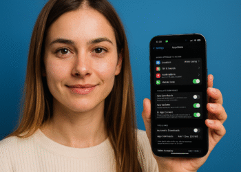 Automatische iPhone-Updates – Eine Person hält ein iPhone, auf dem der Einstellungsbildschirm des App Store mit aktivierter Option für automatische App-Updates angezeigt wird.