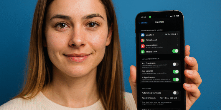 Automatyczne aktualizacje iPhone'a – osoba trzymająca iPhone'a i wyświetlająca ekran ustawień App Store z włączoną opcją automatycznych aktualizacji aplikacji.