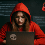 ¿Qué es DKIM? Persona con sudadera roja frente a un portátil, ilustrando DKIM (DomainKeys Identified Mail), autenticación y firma criptográfica de emails para prevenir suplantación y phishing.