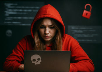 Was ist DKIM? Eine Person in einem roten Kapuzenpulli vor einem Laptop veranschaulicht DKIM (DomainKeys Identified Mail), die kryptografische Authentifizierung und Signierung von E-Mails zum Schutz vor Spoofing und Phishing.