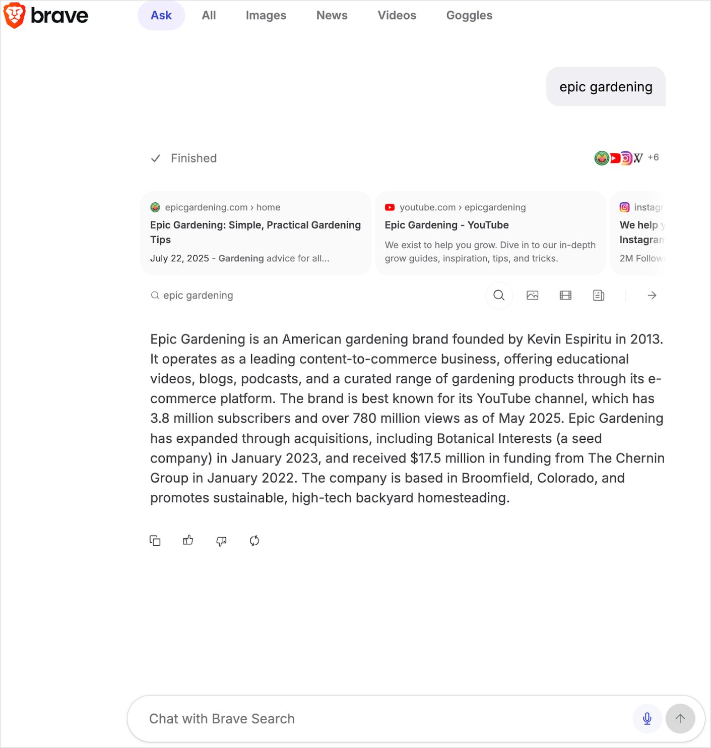 Ask Brave Revoluciona búsquedas: chat+enlaces en 1 🔥 7 Ask Brave en acción — interfaz de búsqueda y chat mostrando resultados integrados 🚀