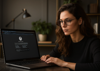 Alternativas a modo incógnito - Mujer usando laptop con navegador en modo incógnito, buscando alternativas de navegación privada: VPN y navegadores seguros.