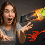 Android volando - Mujer sorprendida mira un Android volando que impulsa un smartphone con llamas y velocímetro, simbolizando acelerar tu móvil 5x sin apps.