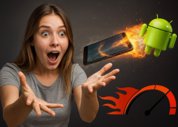 Fliegender Android – Schockierte Frau beobachtet einen fliegenden Android, der ein Smartphone mit Flammen und einem Tachometer antreibt, was symbolisiert, dass Ihr Telefon ohne Apps fünfmal schneller wird.