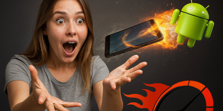 Androide voador - Mulher chocada observa um androide voador impulsionando um smartphone com chamas e um velocímetro, simbolizando acelerar seu telefone 5x sem aplicativos.