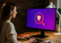 Ask Brave - Persoon die Ask Brave gebruikt in de Brave-browser op een desktopcomputer, paars scherm met vergrootglas en leeuwenlogo, toont privacy-eerst zoeken in een thuiskantoor.