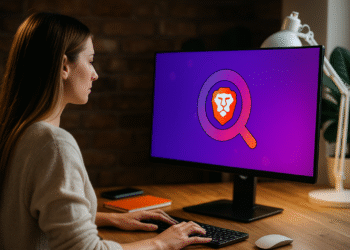 Ask Brave가 검색을 혁신합니다: 채팅과 링크를 하나로 🔥 9 Ask Brave - 데스크톱 컴퓨터의 Brave 브라우저에서 Ask Brave를 사용하는 사람, 돋보기와 사자 로고가 있는 보라색 화면, 홈 오피스에서 개인 정보 보호를 우선하는 검색 기능을 선보이고 있습니다.