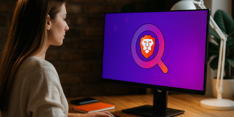 Tanya Brave - Orang yang menggunakan Tanya Brave di peramban Brave pada komputer desktop, layar ungu dengan kaca pembesar dan logo singa, menampilkan pencarian yang mengutamakan privasi di kantor rumah.