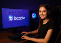 Bazzite para Gamers - Jogador com fone de ouvido em uma configuração de PC RGB, usando teclado e mouse; o monitor exibe o logotipo da Bazzite.