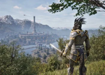 Oblivion Burden - Oblivion (The Elder Scrolls IV): un Argoniano con armatura e spada contempla la Città Imperiale e la Torre di Oro Bianco a Cyrodiil, tema di Burden.