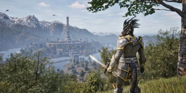 ओब्लिवियन बर्डन - ओब्लिवियन (द एल्डर स्क्रोल्स IV): कवच और तलवार के साथ आर्गोनियन, बर्डन के विषय, साइरोडिल में इंपीरियल सिटी और व्हाइट-गोल्ड टॉवर पर विचार करता है।