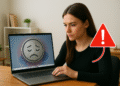 How to Detect What's Slowing Down Windows on Your PC - Woman using a laptop with a warning sign, researching how to detect what's slowing down Windows on her PC to fix the slowness and optimize performance.