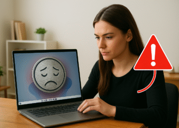 كيفية اكتشاف ما يؤدي إلى إبطاء نظام Windows على جهاز الكمبيوتر الخاص بك - امرأة تستخدم جهاز كمبيوتر محمولاً يحمل علامة تحذير، وتبحث عن كيفية اكتشاف ما يؤدي إلى إبطاء نظام Windows على جهاز الكمبيوتر الخاص بها لإصلاح البطء وتحسين الأداء.