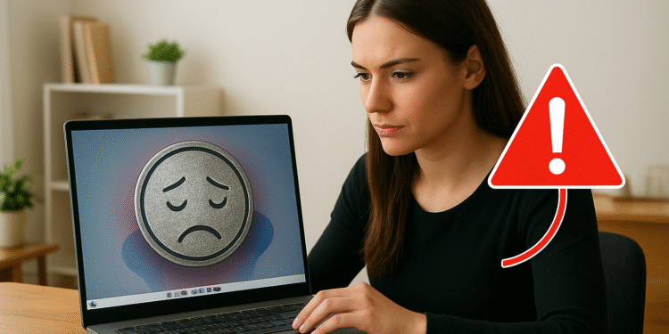 Como detectar o que está deixando o Windows lento no seu PC - Mulher usando um laptop com uma placa de alerta, pesquisando como detectar o que está deixando o Windows lento no seu PC para corrigir a lentidão e otimizar o desempenho.