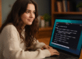 Kompilera i Linux - Person som programmerar på en Linux-bärbar dator, kör kommandon i terminalen för att kompilera kod med gcc och make; guide till kompilering i Linux.