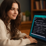 Compilar en Linux - Persona programando en un portátil con Linux, ejecutando comandos en la terminal para compilar código con gcc y make; guía para compilar en Linux.