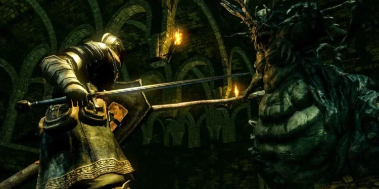 Dark Souls voor mentale gezondheid - Een Dark Souls Knight vecht tegen een demonische baas in een donkere kerker. Dit symboliseert veerkracht en overwinnen voor mentale gezondheid.
