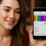Filtros de color iPhone - Mujer sosteniendo un iPhone que muestra Ajustes > Accesibilidad con los filtros de color activados (escala de grises, rojo/verde, azul/amarillo).
