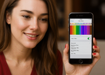 iPhone-kleurenfilters: 3 stappen naar beter lezen 📱✨ 14 iPhone-kleurenfilters - Vrouw met een iPhone en Instellingen > Toegankelijkheid met ingeschakelde kleurenfilters (grijstinten, rood/groen, blauw/geel).